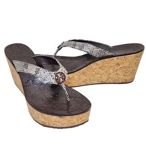TORY BURCH Python Platform Wedge Logo Thong Sandals Sz 10 Cork Leather Snake